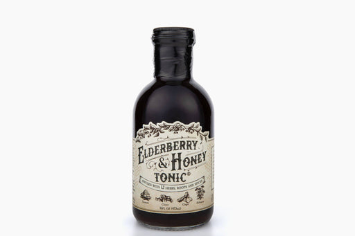 Roots And Leaves - Elderberry & Honey Tonic, 16 oz glass bottle, featuring a unique blend of 12 herbs for enhanced immune support, visible label with elderberry imagery.