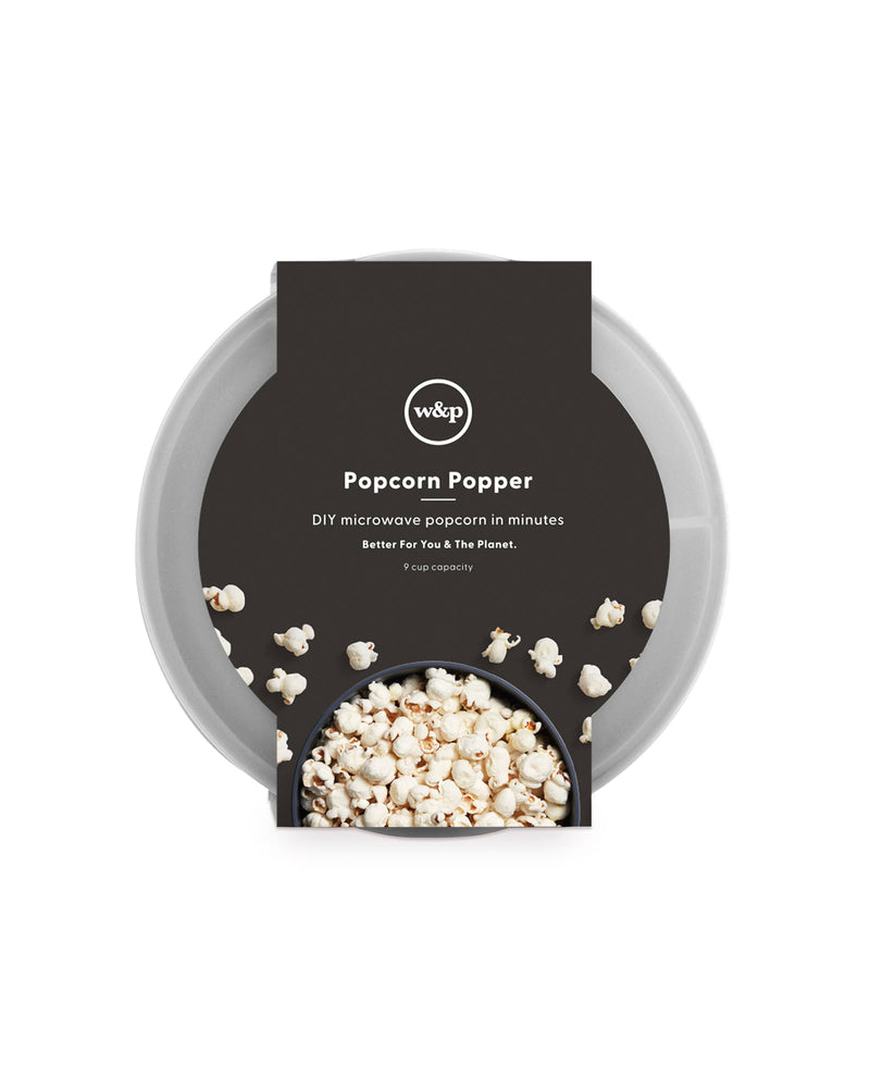 W&P Standard Size Popcorn Popper, a silicone reusable maker for microwave popcorn, shown as a bowl of popcorn on a plate.