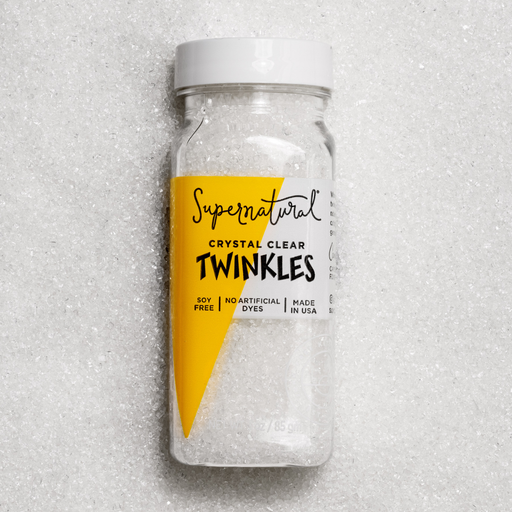 Supernatural - Twinkles Sanding Sugar: Crystal Clear in a 3oz jar, featuring soy-free, non-GMO, vegan sugar crystals for decorating baked goods, made in the USA.