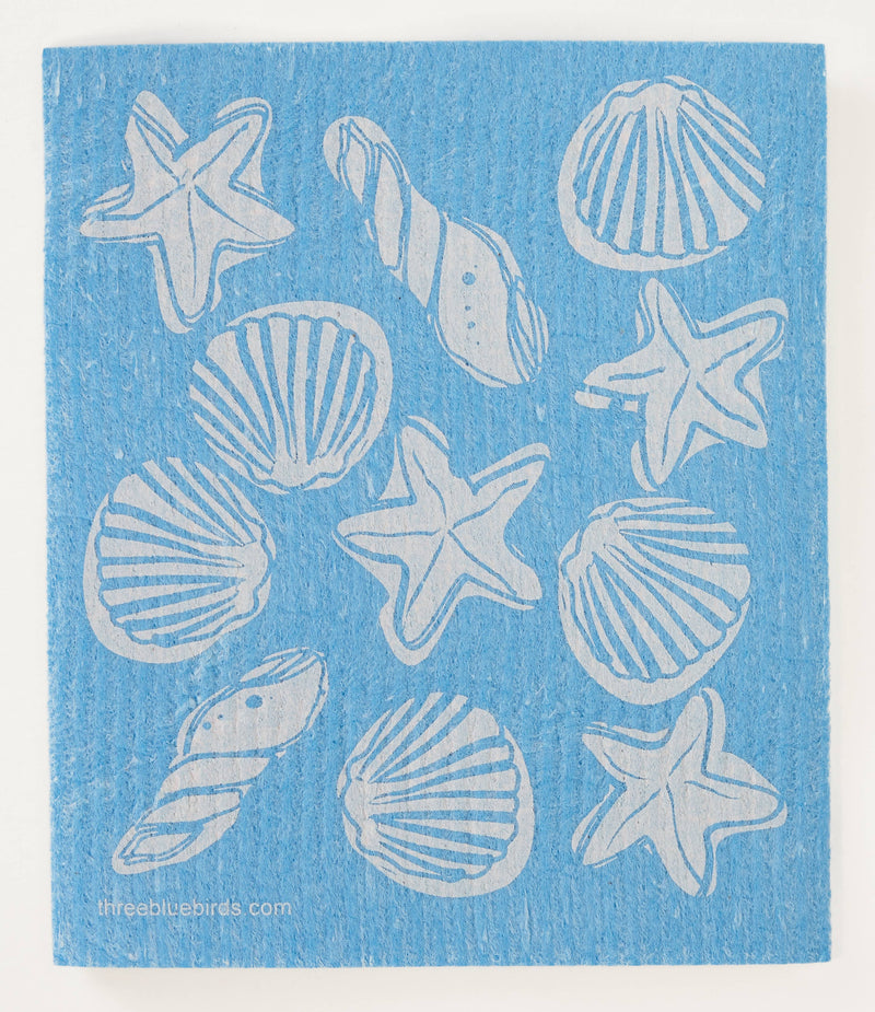 Three Bluebirds Swedish Dishcloths | Seashells on Blue Swedish Dishcloth