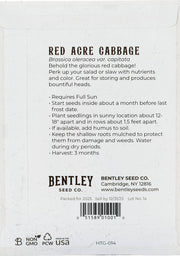 Bentley Seed Co. - Cabbage-Red Acre 1860: Seed packet back, featuring growing instructions, harvesting tips, and nutritional benefits. Ideal for brightening meals with heirloom red cabbage.