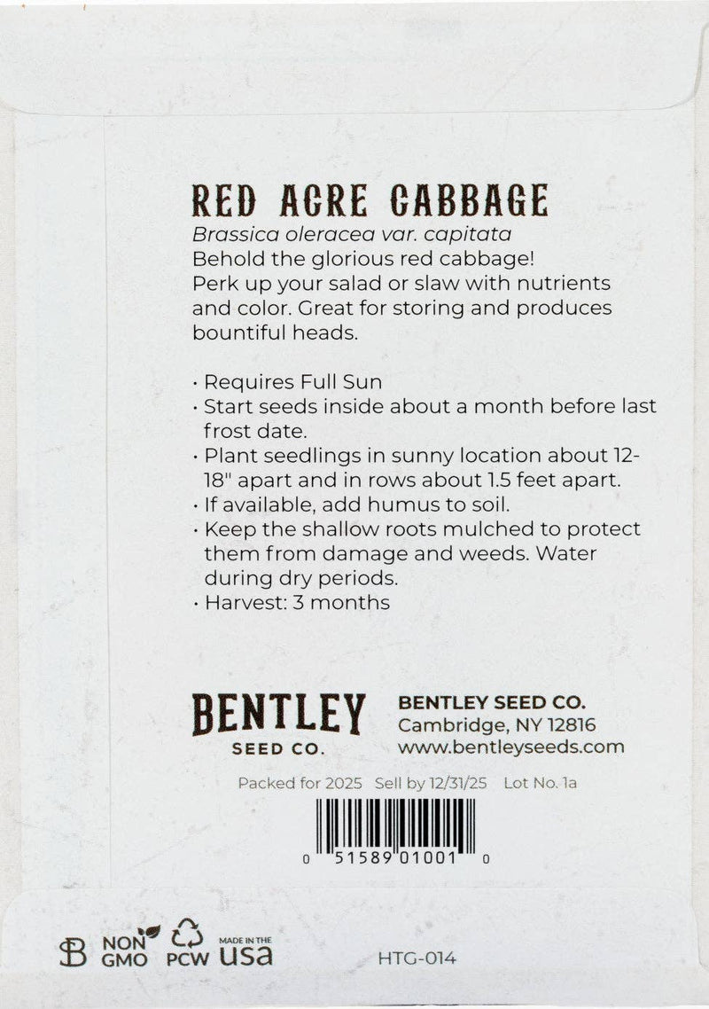 Bentley Seed Co. - Cabbage-Red Acre 1860: Seed packet back, featuring growing instructions, harvesting tips, and nutritional benefits. Ideal for brightening meals with heirloom red cabbage.