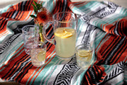 Zwiesel Fortessa Tritan Outdoor Pitcher in clear polycarbonate, filled with lemonade and lemon slices, displayed on a picnic setup with glasses and a flower vase.