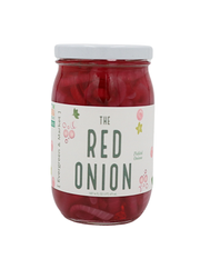 [PICKLES] by Evergreen and Market - The Red Onion: Glass jar of thinly sliced pickled red onions, showcasing complex flavors from Athens Cooks' specialty food selection.