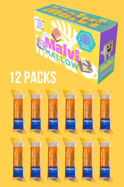 Malvi Mallow - Honey Vanilla 4-Pack Marshmallows, Case of 12 Packs. Features colorful box and 12 individually wrapped marshmallow bars with natural ingredients, perfect for toasting or topping cocoa.