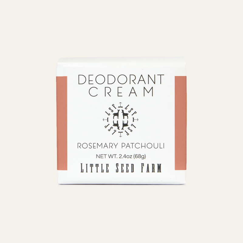 Little Seed Farm - Rosemary Patchouli Deodorant Cream, 2.4 oz, aluminum and baking soda-free, organic ingredients, ideal for natural freshness, includes free samples.