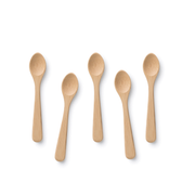 Five bamboo teaspoons, crafted from FSC-certified bamboo, displayed on a white background. These eco-friendly spoons are perfect for spices, coffee stirring, and more.