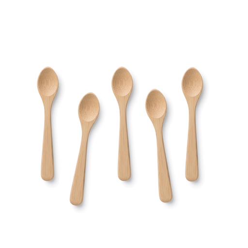 Five bamboo teaspoons, crafted from FSC-certified bamboo, displayed on a white background. These eco-friendly spoons are perfect for spices, coffee stirring, and more.