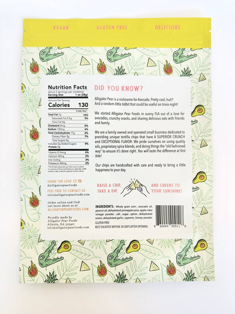 Alligator Pear Foods - Sweet Heat tortilla chips, 6oz package, featuring a vibrant label with cartoon avocado, highlighting pineapple sweetness and cayenne spice. Gluten-free, resealable standup bag.