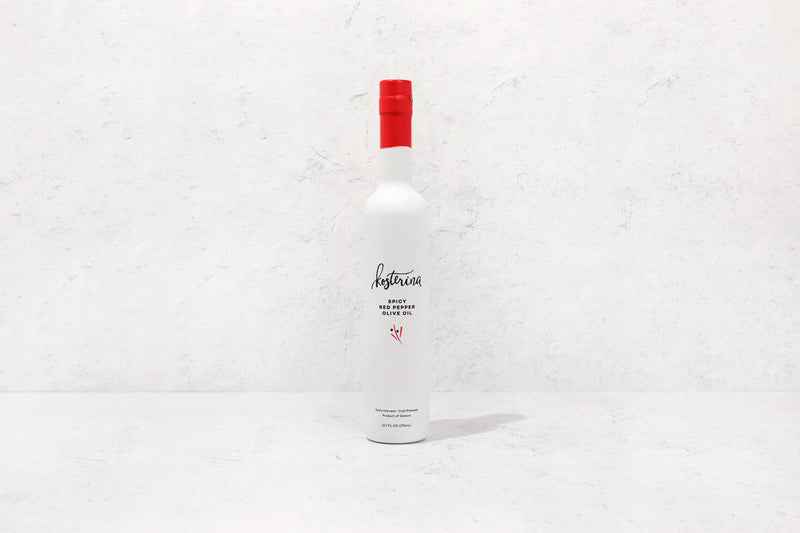 Kosterina - Spicy Red Pepper Olive Oil (375ml) in a white bottle with red cap, featuring subtle spicy flavor for enhancing dishes.