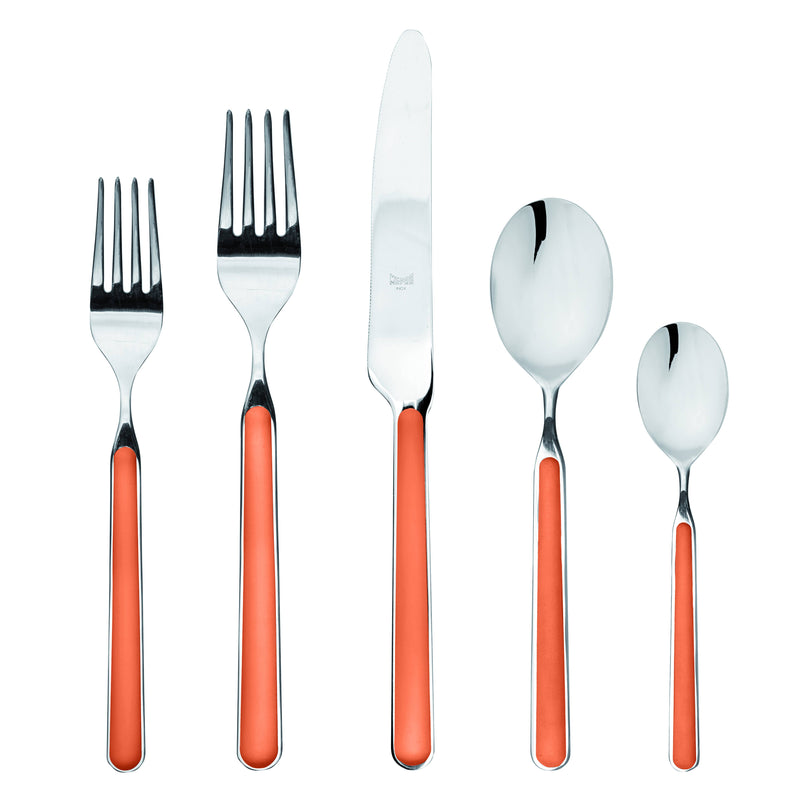 Mepra SPA - Place Set 5 Pcs Fantasia: Red, featuring elegant silverware with orange handles, crafted from high-quality stainless steel and resin, perfect for enhancing any dining experience.