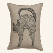 Coral & Tusk - Scaredy Black Cat Pillow: Beige linen pillow with embroidered black cat illustration, arched back, and raised tail. Includes pillow cover and insert, 12 × 16.