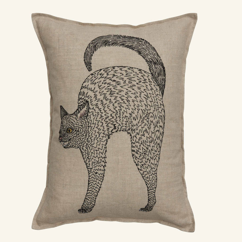 Coral & Tusk - Scaredy Black Cat Pillow: Beige linen pillow with embroidered black cat illustration, arched back, and raised tail. Includes pillow cover and insert, 12 × 16.