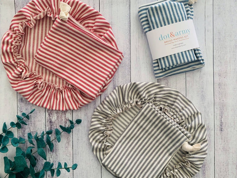 Dot and Army | Bread Makers Set in Ticking Stripes - blue: Close-up of reusable bowl cover and cotton bread bag with red and white stripes, showcasing durable craftsmanship.