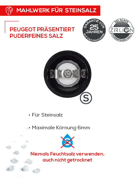 Peugeot | Bistro Salt Mill, Smoked Grey: Replacement grinding mechanism for rock salt, featuring a 25-year warranty. Never use damp salt. Ideal for dry salt crystals up to 6mm.