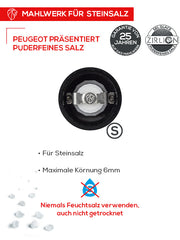 Peugeot Paris u'Select Wood Salt Mill with 12-inch ergonomic design, featuring a durable grinding mechanism for rock salt, 25-year warranty, and adjustable grind settings.