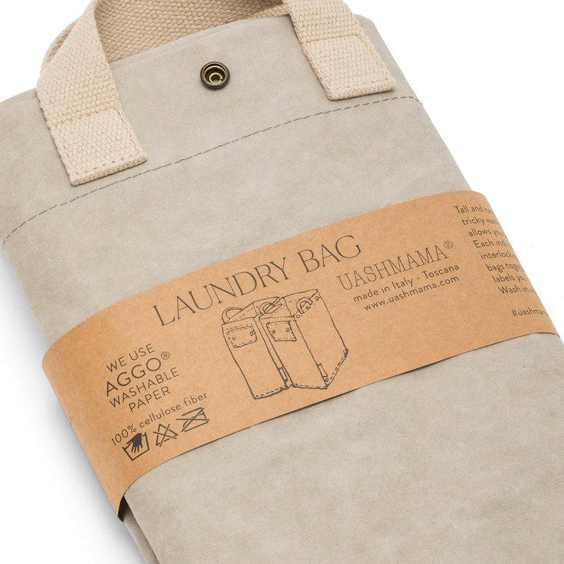 UASHMAMA Laundry Bag Hampers - Cachemire, a washable paper laundry bag with cotton handles, removable label, and interlocking system, ideal for stylish, compact laundry organization.