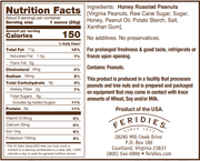 FERIDIES - 9 oz. Honey Roasted Virginia Peanuts label showing nutrition facts and ingredients, highlighting sweet and salty flavor, non-GMO, made in the USA.