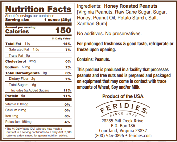 FERIDIES - 9 oz. Honey Roasted Virginia Peanuts label showing nutrition facts and ingredients, highlighting sweet and salty flavor, non-GMO, made in the USA.