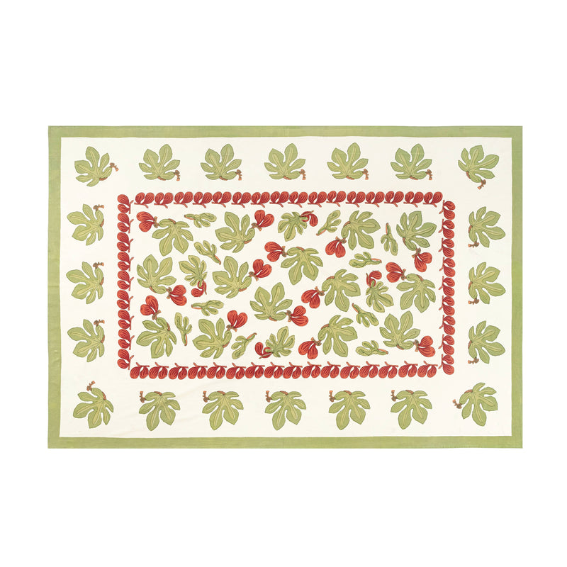 Couleur Nature - Fig Red & Green French Tablecloth: 71 x 71. Features botanical motifs on a cream backdrop, ideal for elegant dining, crafted from 100% cotton.
