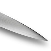 Close-up of the Shun Classic Blonde Utility Knife's sharpened tip, highlighting its precision blade, ideal for detailed kitchen tasks at Athens Cooks.