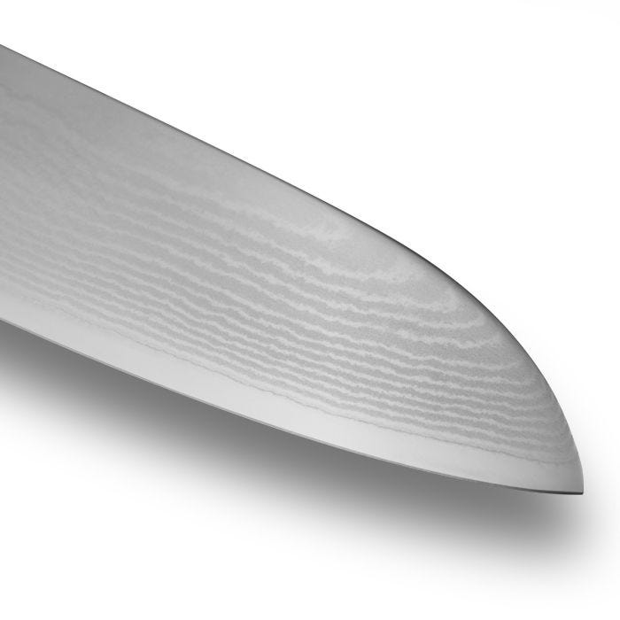 Shun | Classic Blonde Santoku, 7 knife, showcasing its Damascus-style blade with fine wavy layers and sharp edge, perfect for versatile kitchen use.