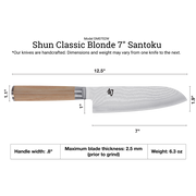 Shun | Classic Blonde Santoku, 7 knife with Damascus-patterned blade and light wood handle, showcasing key dimensions on a white background.