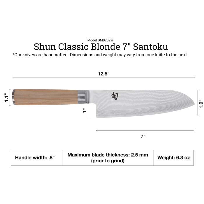 Shun | Classic Blonde Santoku, 7 knife with Damascus-patterned blade and light wood handle, showcasing key dimensions on a white background.