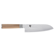 Shun Classic Blonde Santoku 7 knife with a Damascus-pattern steel blade and straight wooden handle, showcasing its versatile, lightweight design and ergonomic Pakkawood grip.