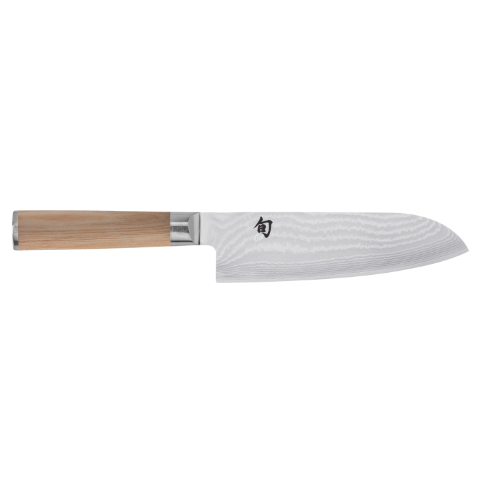 Shun Classic Blonde Santoku 7 knife with a Damascus-pattern steel blade and straight wooden handle, showcasing its versatile, lightweight design and ergonomic Pakkawood grip.