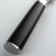 Close-up of the Shun Classic Bread Knife's black handle with a polished metal end-cap, highlighting its ergonomic design ideal for slicing bread effectively.