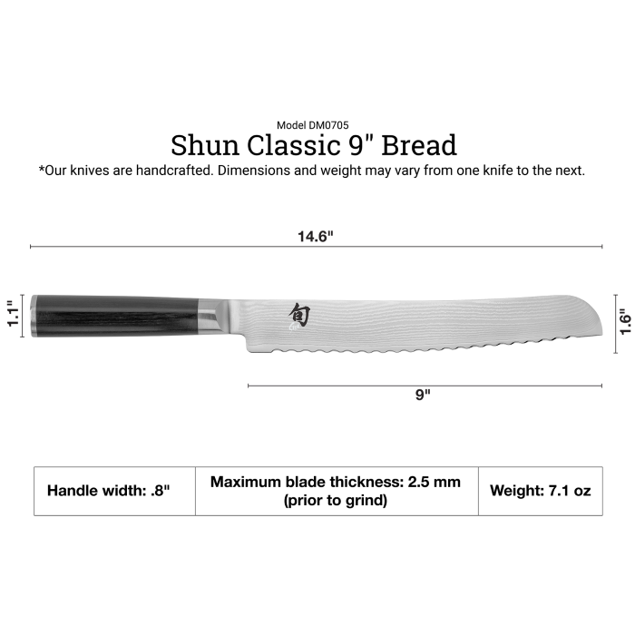Shun | Classic Bread Ebony, 9 inches: Features a serrated Damascus-pattern blade with a pakkawood handle, ideal for effortlessly slicing through various bread types.