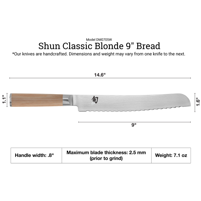 Shun Classic Blonde Bread Knife, 9-inch serrated Damascus blade, light pakkawood handle; perfect for slicing breads without tearing.