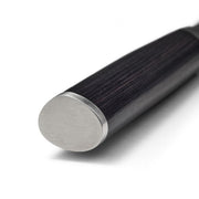 Close-up of Shun | Classic Chef's Ebony, 8-inch knife, featuring a dark wooden handle with a brushed stainless-steel end, exemplifying craftsmanship and functionality for versatile kitchen use.