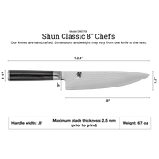 Shun Classic Chef's Ebony 8-inch knife with a Damascus-patterned blade and traditional wooden handle, ideal for versatile kitchen tasks in Athens Cooks' curated collection.