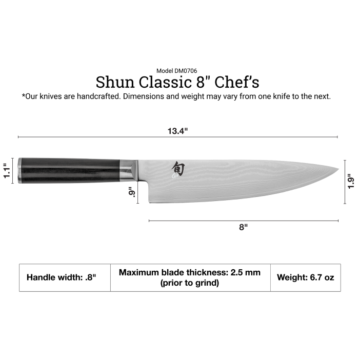 Shun Classic Chef's Ebony 8-inch knife with a Damascus-patterned blade and traditional wooden handle, ideal for versatile kitchen tasks in Athens Cooks' curated collection.