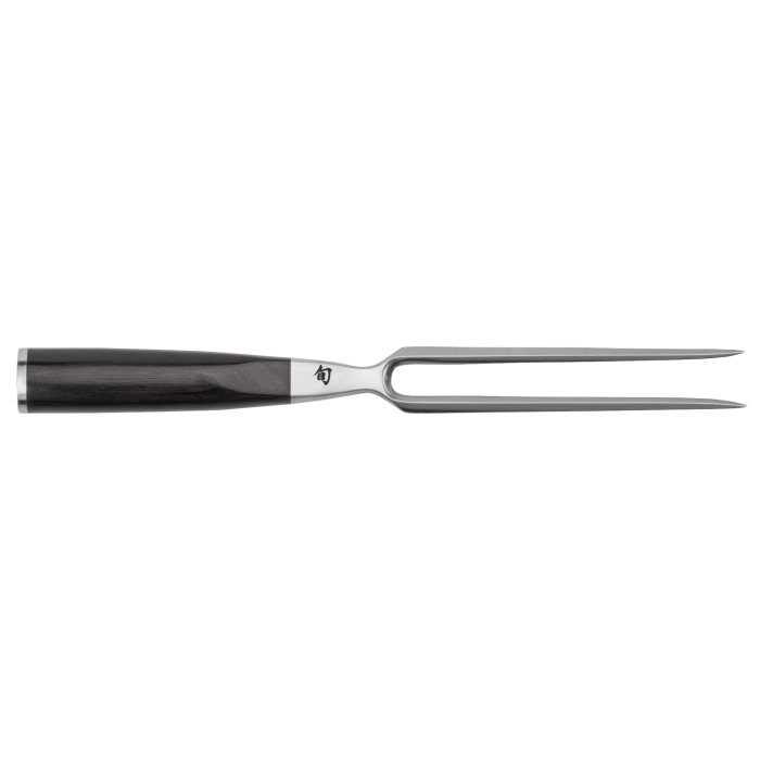 Shun Classic Carving Set: Two-pronged stainless steel carving fork with wood handle, part of a 2-piece gift set for precise meat slicing.