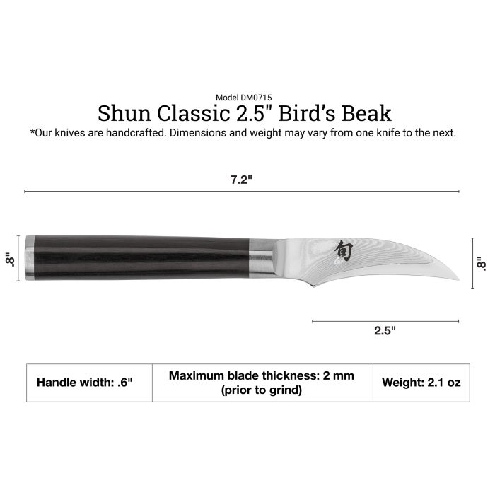 Shun | Classic Bird's Beak Paring, 2.5 inches knife, features a Damascus-style blade and black PakkaWood handle, ideal for precise decorative cuts and peeling tasks.