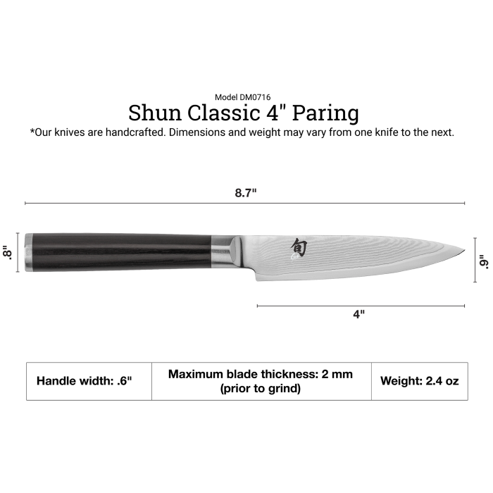 Shun Classic Paring Knife, 4 inches, featuring a Damascus-patterned blade with Shun logo and dark D-shaped Pakkawood handle; ideal for precise kitchen tasks.