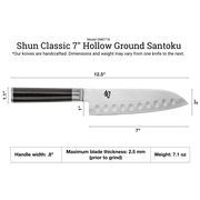 Shun Classic Hollow Ground Santoku, 7 inches, featuring a Granton edge, dimensioned with a 12.5 overall length and 1.1 handle thickness for balanced, versatile kitchen use.