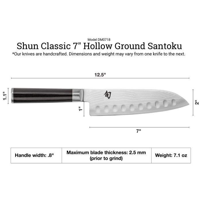 Shun Classic Hollow Ground Santoku, 7 inches, featuring a Granton edge, dimensioned with a 12.5 overall length and 1.1 handle thickness for balanced, versatile kitchen use.