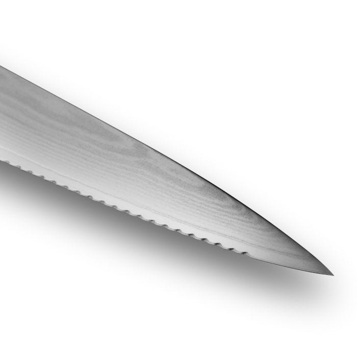 Shun Classic Serrated Utility Knife, 6 inches, showcasing its saw-tooth edge and pointed tip, ideal for precise slicing of tough-skinned, soft-interior foods.