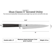 Shun Classic Serrated Utility Knife, 6 inches, features a Damascus-patterned blade with scalloped serrations, pakkawood handle, ideal for slicing tomatoes and hard cheeses.