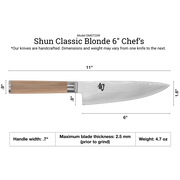 Shun | Classic Blonde Chef's Knife, 6 inches, features a Damascus-patterned blade and a light wood handle, showcasing precision craftsmanship and balance for versatile kitchen use.
