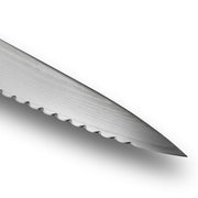 Serrated blade of the Shun Classic Offset Bread Knife, 8.25 inches, showcasing scalloped edge for precise, effortless slicing without crushing, ideal for crusty breads.