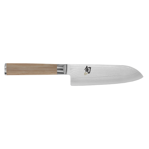 Shun Classic Knife Series' Santoku blade with Damascus steel and wooden handle, ideal for precise kitchen tasks, featuring the Shun logo.