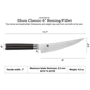 Shun | Classic Boning & Fillet, 6 inches knife with a narrow, flexible Damascus blade, D-shaped pakkawood handle, and precise dimensions for optimal meat and fish preparation.