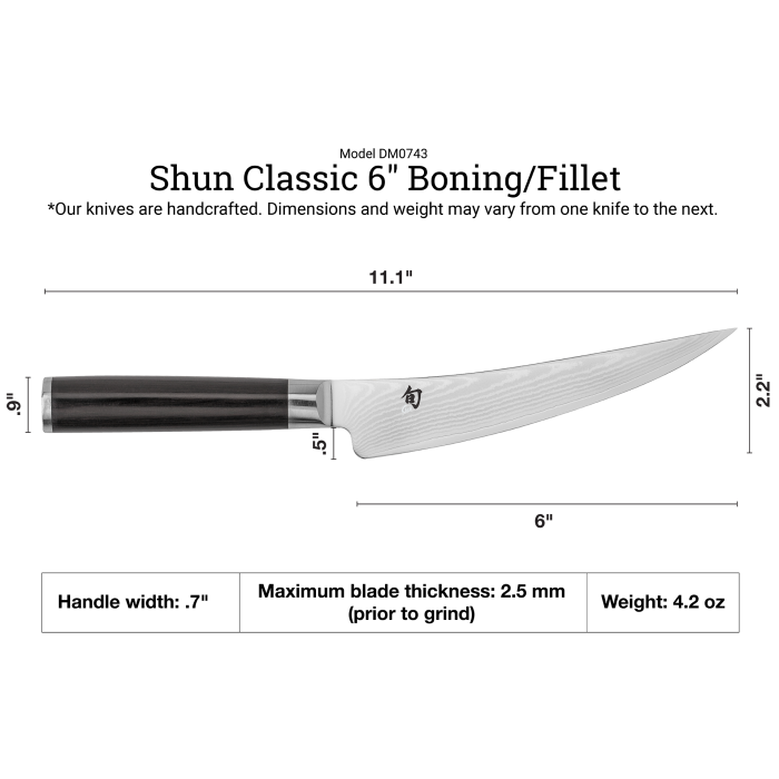 Shun | Classic Boning & Fillet, 6 inches knife with a narrow, flexible Damascus blade, D-shaped pakkawood handle, and precise dimensions for optimal meat and fish preparation.