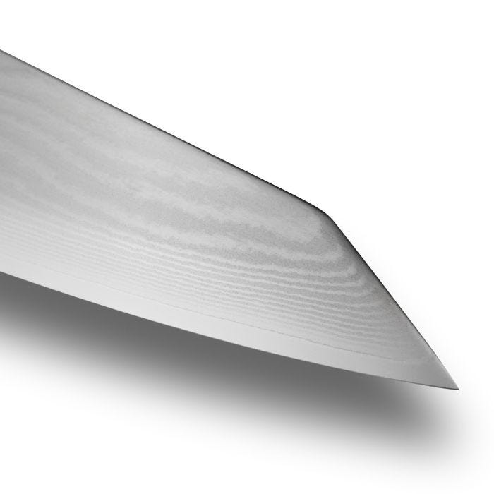 Close-up of Shun Classic Kiritsuke 8-inch knife blade tip, showcasing the sharp edge and Damascus-style pattern, ideal for versatile cutting tasks.