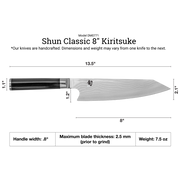 Shun Classic Kiritsuke, 8 inches, features a Damascus-style blade and octagonal handle, ideal for versatile slicing and cutting, embodying Japanese craftsmanship.